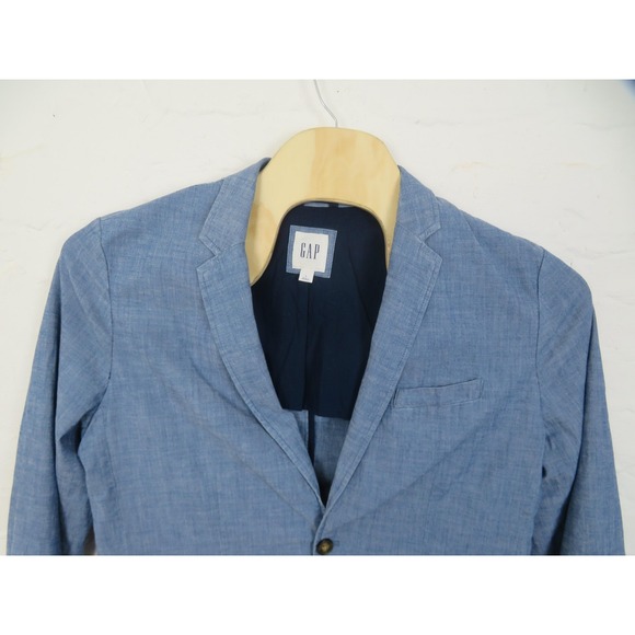Gap Blazer Mens Large Blue Chambray Office Work Casual Sport Coat 2 Button - Picture 2 of 8